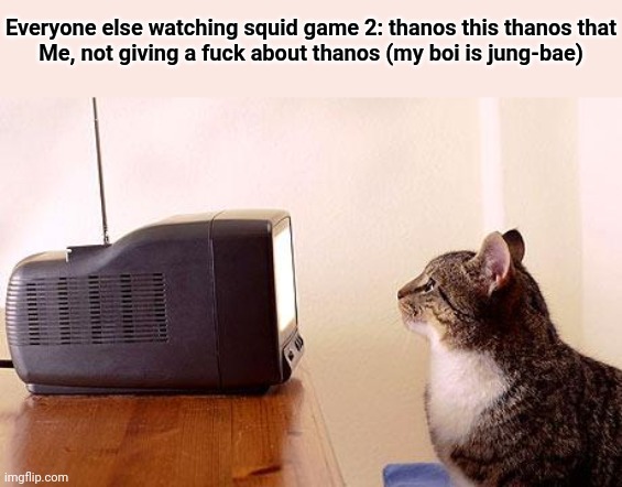 Ahh poor jung-bae | Everyone else watching squid game 2: thanos this thanos that
Me, not giving a fuck about thanos (my boi is jung-bae) | image tagged in cat watching tv | made w/ Imgflip meme maker