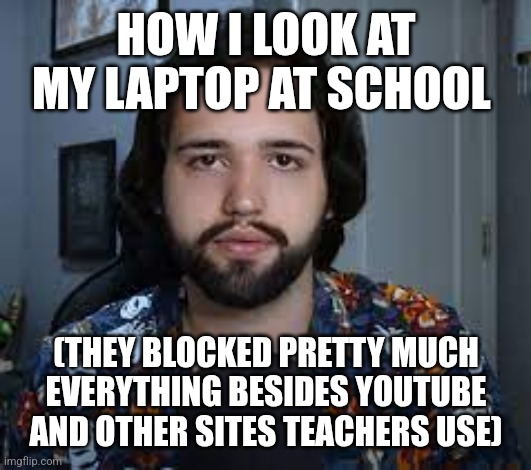 Frist Sketchful.io and now Coolmathgames | HOW I LOOK AT MY LAPTOP AT SCHOOL; (THEY BLOCKED PRETTY MUCH EVERYTHING BESIDES YOUTUBE AND OTHER SITES TEACHERS USE) | image tagged in wendigoon,school meme | made w/ Imgflip meme maker