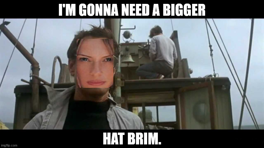 Jaws bigger boat | I'M GONNA NEED A BIGGER HAT BRIM. | image tagged in jaws bigger boat | made w/ Imgflip meme maker