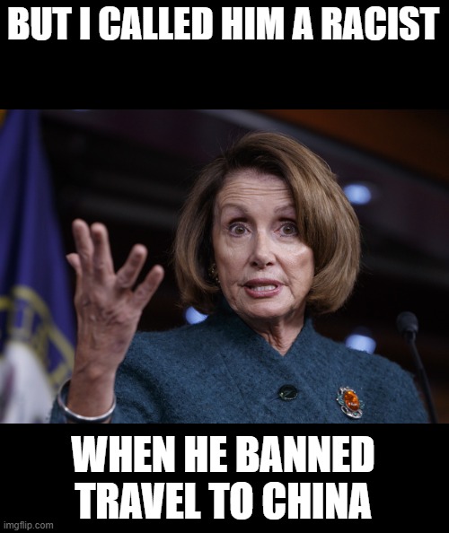 Good old Nancy Pelosi | BUT I CALLED HIM A RACIST WHEN HE BANNED TRAVEL TO CHINA | image tagged in good old nancy pelosi | made w/ Imgflip meme maker