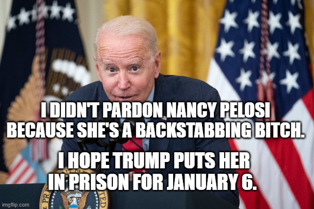 Biden Whisper | I DIDN'T PARDON NANCY PELOSI BECAUSE SHE'S A BACKSTABBING BITCH. I HOPE TRUMP PUTS HER IN PRISON FOR JANUARY 6. | image tagged in biden whisper | made w/ Imgflip meme maker