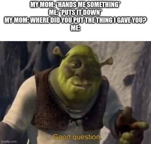 Adhd in a nutshell | MY MOM: *HANDS ME SOMETHING*
ME: *PUTS IT DOWN*
MY MOM: WHERE DID YOU PUT THE THING I GAVE YOU?

ME: | image tagged in shrek good question | made w/ Imgflip meme maker