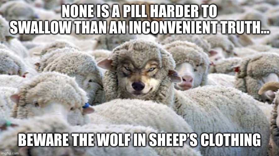 A hard truth | NONE IS A PILL HARDER TO SWALLOW THAN AN INCONVENIENT TRUTH…; BEWARE THE WOLF IN SHEEP’S CLOTHING | image tagged in wolf in sheep s clothing | made w/ Imgflip meme maker