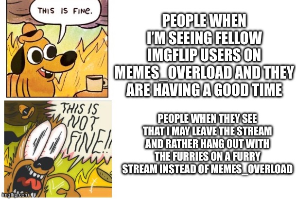 I’m thinking about leaving the stream… | PEOPLE WHEN I’M SEEING FELLOW IMGFLIP USERS ON MEMES_OVERLOAD AND THEY ARE HAVING A GOOD TIME; PEOPLE WHEN THEY SEE THAT I MAY LEAVE THE STREAM AND RATHER HANG OUT WITH THE FURRIES ON A FURRY STREAM INSTEAD OF MEMES_OVERLOAD | image tagged in this is fine this is not fine | made w/ Imgflip meme maker