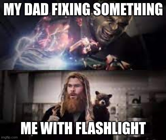 Thor and Hulk | MY DAD FIXING SOMETHING; ME WITH FLASHLIGHT | image tagged in thor and hulk | made w/ Imgflip meme maker