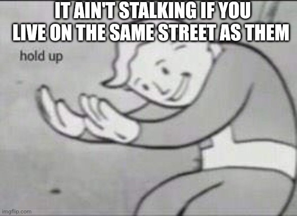 I mean is it though | IT AIN'T STALKING IF YOU LIVE ON THE SAME STREET AS THEM | image tagged in fallout hold up | made w/ Imgflip meme maker