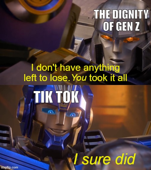 Transformers One You Took It All | THE DIGNITY OF GEN Z; TIK TOK | image tagged in transformers one you took it all | made w/ Imgflip meme maker