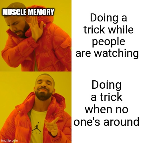 Muscle memory be like | MUSCLE MEMORY; Doing a trick while people are watching; Doing a trick when no one's around | image tagged in memes,drake hotline bling,drake,trick,skills,skill issue | made w/ Imgflip meme maker