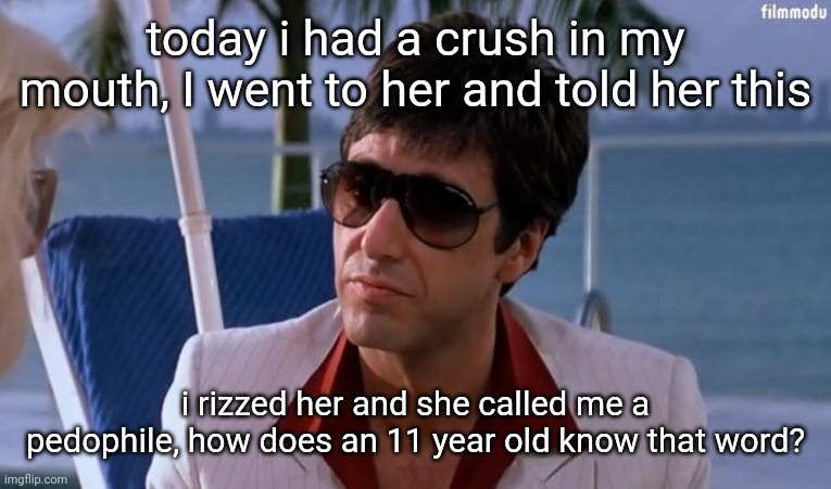 Tony Montana wearing sunglasses | today i had a crush in my mouth, I went to her and told her this; i rizzed her and she called me a pedophile, how does an 11 year old know that word? | image tagged in tony montana wearing sunglasses | made w/ Imgflip meme maker