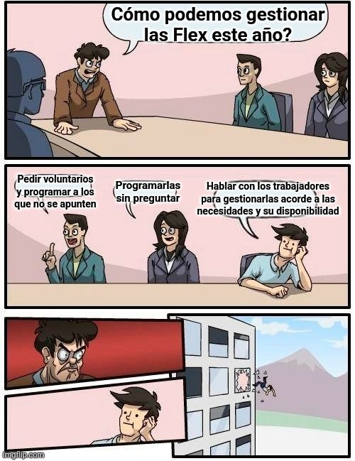 El jefe programando a cada uno lo contrario de lo que había pedido xd | Cómo podemos gestionar
las Flex este año? Hablar con los trabajadores
para gestionarlas acorde a las
necesidades y su disponibilidad; Pedir voluntarios
y programar a los
que no se apunten; Programarlas sin preguntar | image tagged in memes,boardroom meeting suggestion,ib,tma | made w/ Imgflip meme maker
