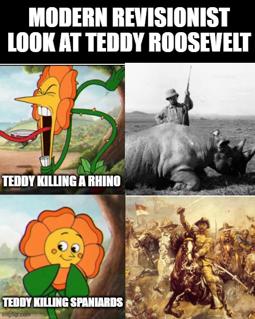 Teddy History | MODERN REVISIONIST LOOK AT TEDDY ROOSEVELT; TEDDY KILLING A RHINO; TEDDY KILLING SPANIARDS | image tagged in cuphead flower | made w/ Imgflip meme maker