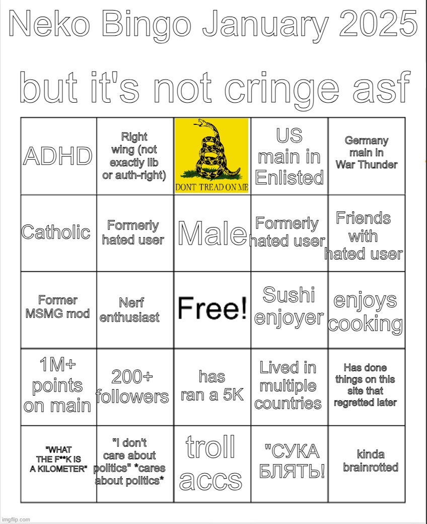 Neko Jan 2025 bingo but it's not cringe asf Blank Meme Template