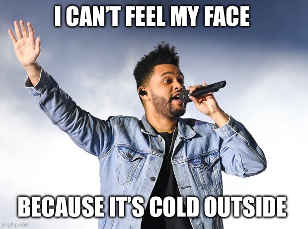 Cold | I CAN’T FEEL MY FACE; BECAUSE IT’S COLD OUTSIDE | image tagged in cold weather | made w/ Imgflip meme maker