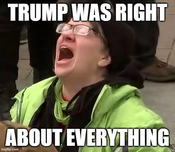 Crying liberal | TRUMP WAS RIGHT; ABOUT EVERYTHING | image tagged in crying liberal | made w/ Imgflip meme maker