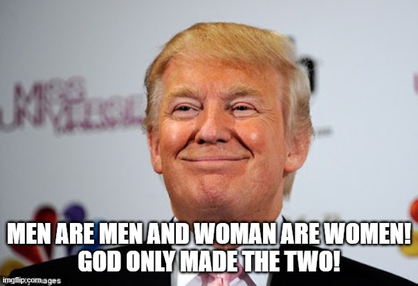 Donald trump approves | MEN ARE MEN AND WOMAN ARE WOMEN!
GOD ONLY MADE THE TWO! | image tagged in donald trump approves | made w/ Imgflip meme maker