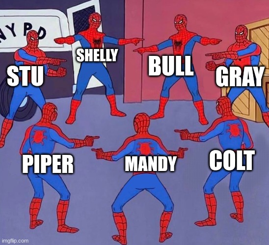 Which is the most no skill (brawler with guns) | BULL; SHELLY; GRAY; STU; COLT; MANDY; PIPER | image tagged in same spider man 7 | made w/ Imgflip meme maker