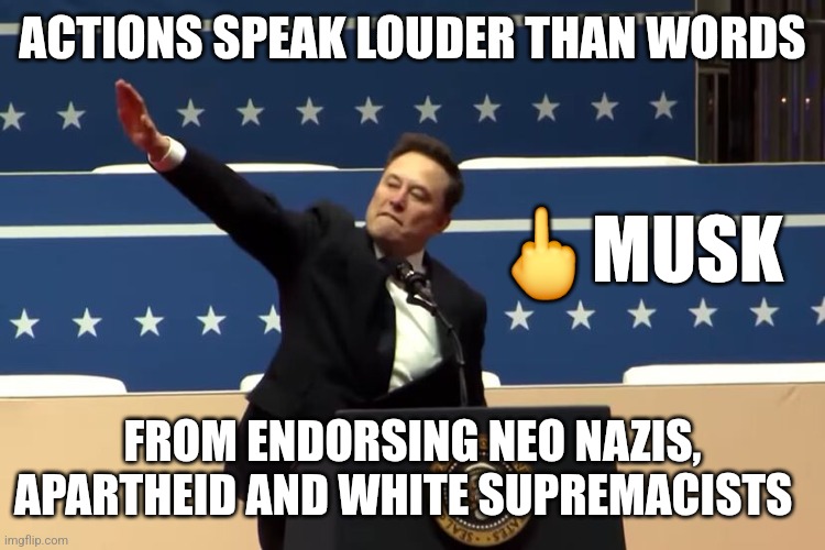 Musk Nazi | ACTIONS SPEAK LOUDER THAN WORDS; 🖕MUSK; FROM ENDORSING NEO NAZIS, APARTHEID AND WHITE SUPREMACISTS | image tagged in musk nazi | made w/ Imgflip meme maker