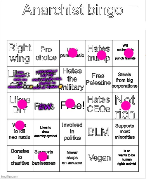 Anarchist bingo | I PERSONALLY LIKE THE FACT WE CAN CALL PEOPLE TO SAVE US, THANKS 😐; THAT DOESN'T MAKE YOU AN ANARCHIST 💀💀😭; EW | image tagged in anarchist bingo | made w/ Imgflip meme maker