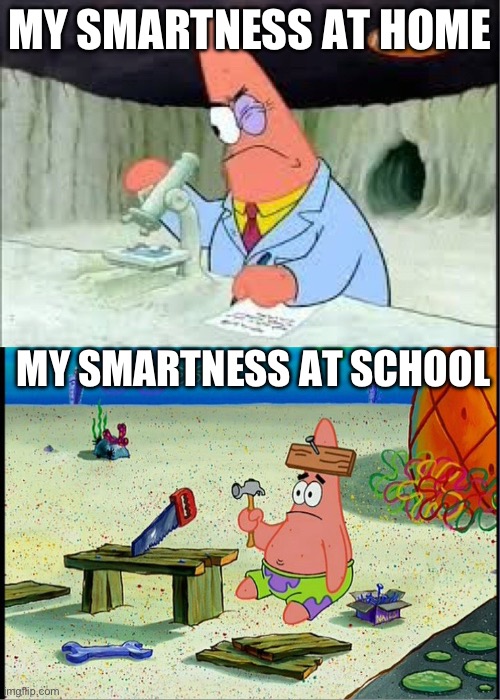 PAtrick, Smart Dumb | MY SMARTNESS AT HOME; MY SMARTNESS AT SCHOOL | image tagged in patrick smart dumb | made w/ Imgflip meme maker