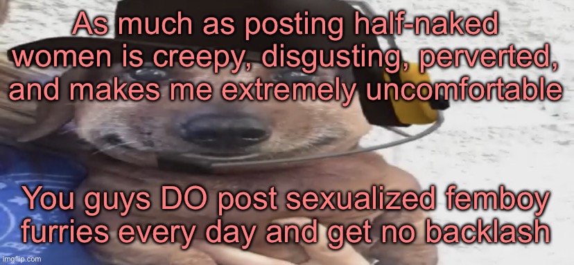 chucklenuts | As much as posting half-naked women is creepy, disgusting, perverted, and makes me extremely uncomfortable; You guys DO post sexualized femboy furries every day and get no backlash | image tagged in chucklenuts | made w/ Imgflip meme maker