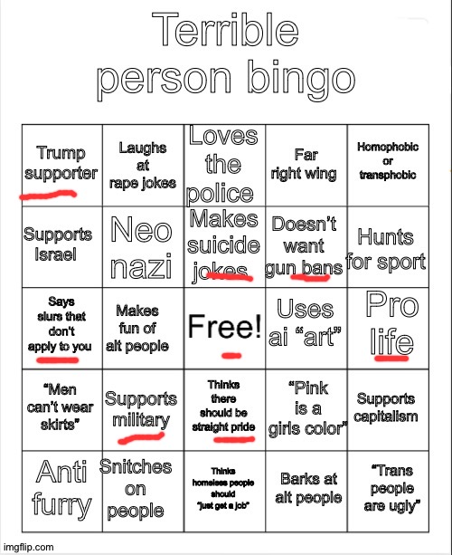 Terrible person bingo | image tagged in terrible person bingo | made w/ Imgflip meme maker