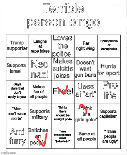image tagged in terrible person bingo | made w/ Imgflip meme maker