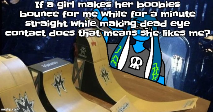 Skatezboard | If a girl makes her boobies bounce for me while for a minute straight while making dead eye contact does that means she likes me? | image tagged in skatezboard | made w/ Imgflip meme maker