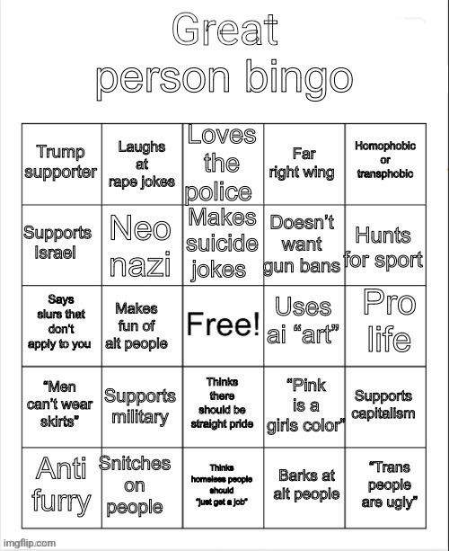 guys new bingo just dropped | image tagged in great person bingo | made w/ Imgflip meme maker