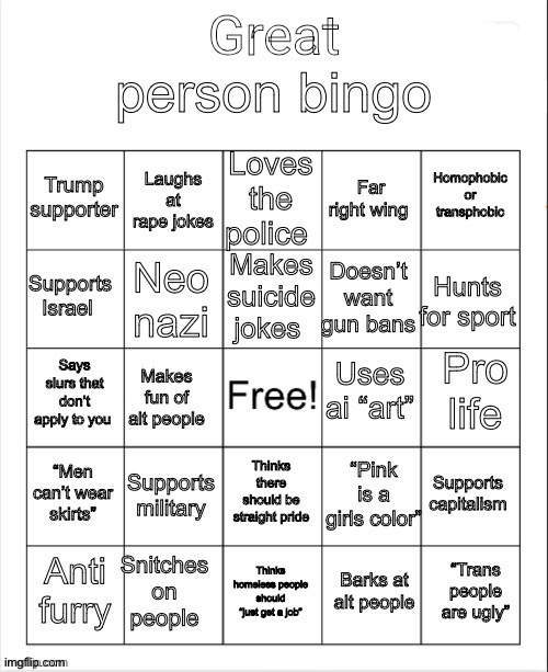 New bingo /j | image tagged in great person bingo | made w/ Imgflip meme maker