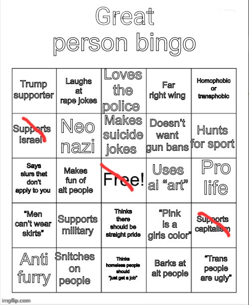 i did the hated bingo :[ | image tagged in great person bingo | made w/ Imgflip meme maker