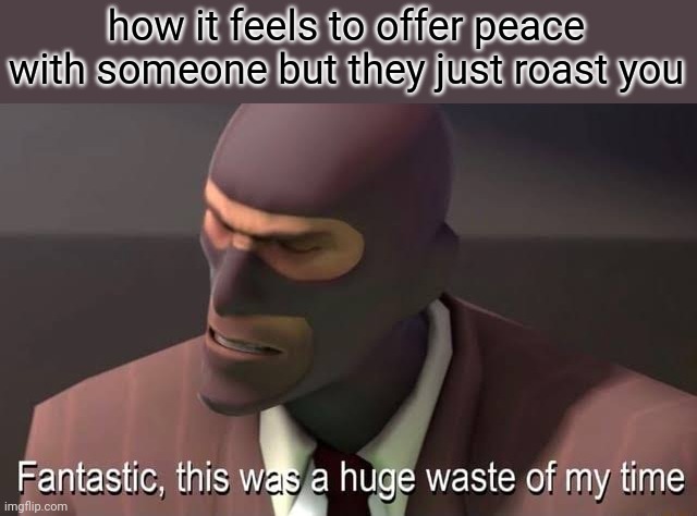 never make peace | how it feels to offer peace with someone but they just roast you | image tagged in fantastic this was a huge waste of my time | made w/ Imgflip meme maker