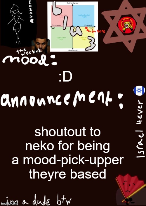 bro is a legend | :D; shoutout to neko for being a mood-pick-upper theyre based | image tagged in blu3s announcement temp updated | made w/ Imgflip meme maker