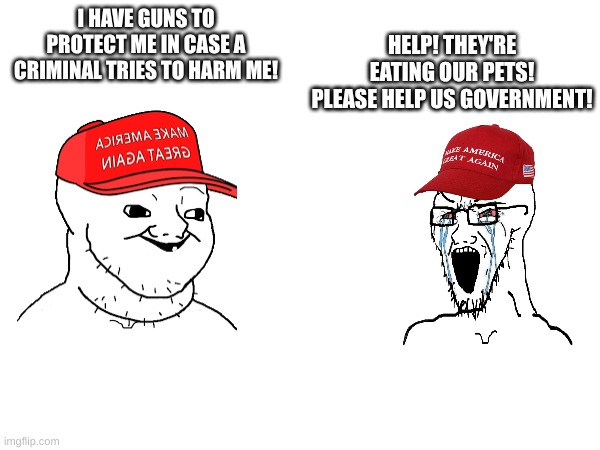 Conservatives don't know how to defend themselves... | HELP! THEY'RE EATING OUR PETS!
PLEASE HELP US GOVERNMENT! I HAVE GUNS TO PROTECT ME IN CASE A CRIMINAL TRIES TO HARM ME! | image tagged in conservative hypocrisy,immigration,guns | made w/ Imgflip meme maker