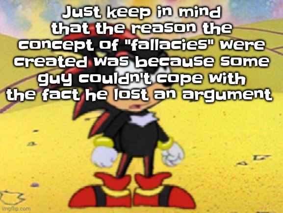 In arguing, there are no laws | Just keep in mind that the reason the concept of "fallacies" were created was because some guy couldn't cope with the fact he lost an argument | image tagged in adventures of shadow the hedgehog | made w/ Imgflip meme maker