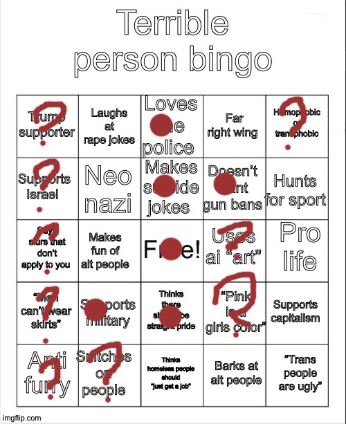 Question Mark Means It Depends, Dot Means Most Of The Time | image tagged in terrible person bingo,im a difficult person,and i know that,im not afraid to admit it,some of these make no sense | made w/ Imgflip meme maker