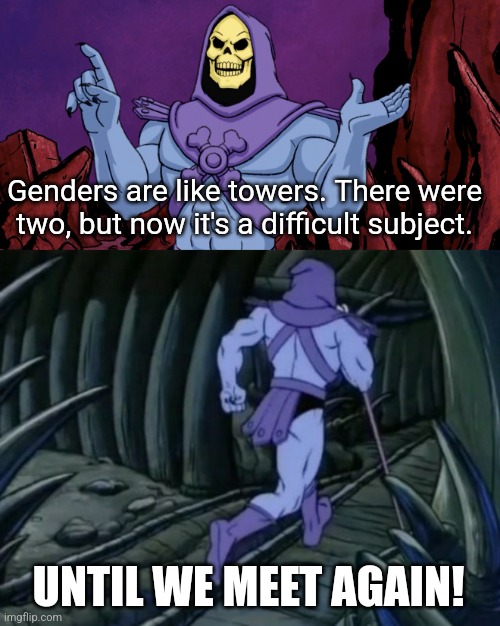 Skeletor until we meet again | Genders are like towers. There were two, but now it's a difficult subject. UNTIL WE MEET AGAIN! | image tagged in skeletor until we meet again | made w/ Imgflip meme maker