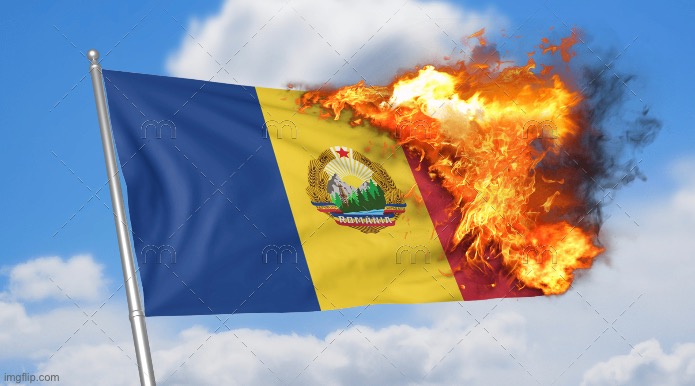 Burning the socialist republic of Romania flag | made w/ Imgflip meme maker