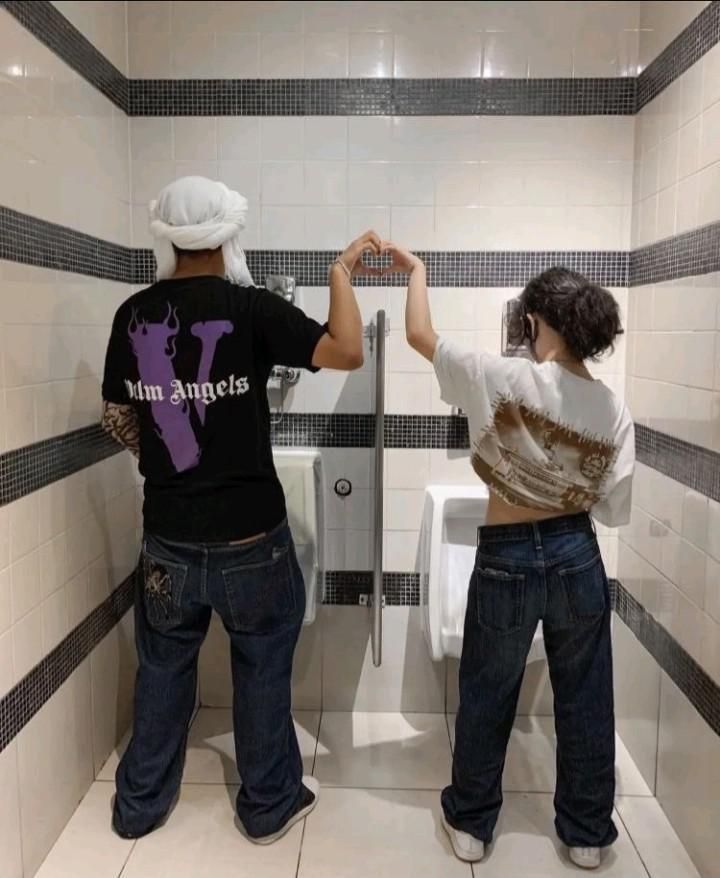 Two guys peeing heart hand Blank Meme Template