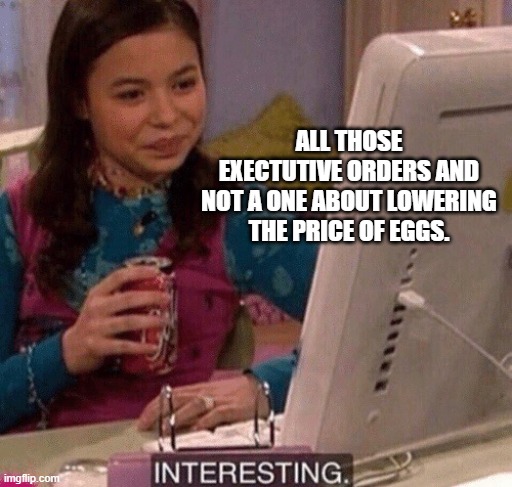 100+ EOs and so far...none about eggs. | ALL THOSE EXECTUTIVE ORDERS AND NOT A ONE ABOUT LOWERING THE PRICE OF EGGS. | image tagged in icarly interesting | made w/ Imgflip meme maker