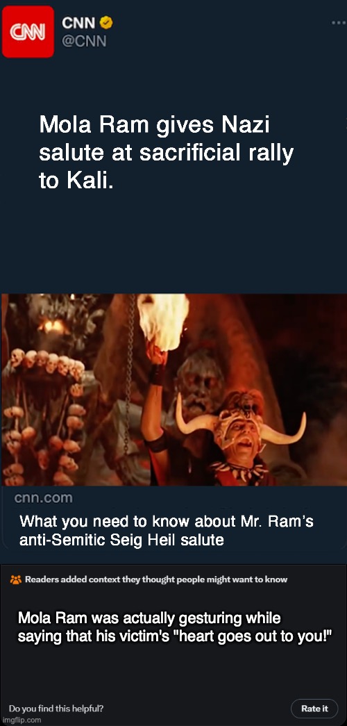 Mola Ram Nazi Salute | Mola Ram was actually gesturing while saying that his victim's "heart goes out to you!" | image tagged in twitter community notes | made w/ Imgflip meme maker