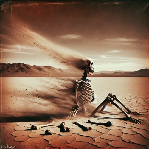 A skeleton fading away in the sand | image tagged in a skeleton fading away in the sand | made w/ Imgflip meme maker