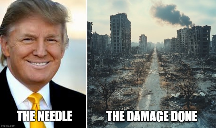 Donald Trump & The Damage Done | THE DAMAGE DONE; THE NEEDLE | image tagged in donald trump,the needle and the damage done,neil young,i hate donald trump,trump sucks | made w/ Imgflip meme maker