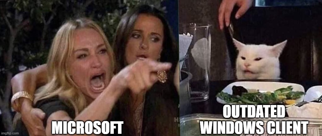 I just wanna play halo | MICROSOFT; OUTDATED WINDOWS CLIENT | image tagged in woman yelling at cat | made w/ Imgflip meme maker