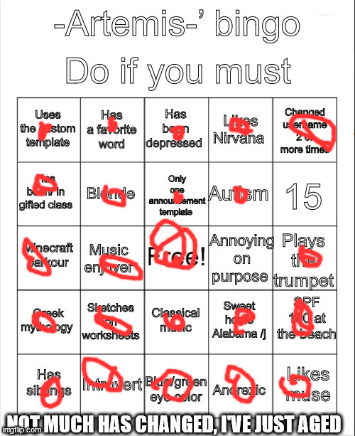 Artemis’ bingo | NOT MUCH HAS CHANGED, I'VE JUST AGED | image tagged in artemis bingo | made w/ Imgflip meme maker