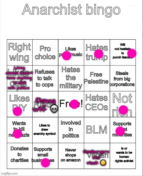 Anarchist bingo | Liking animals doesn't have anything to deal with politics; Dawg wtf 💀; Hamburgers and steak 😋 | image tagged in anarchist bingo | made w/ Imgflip meme maker