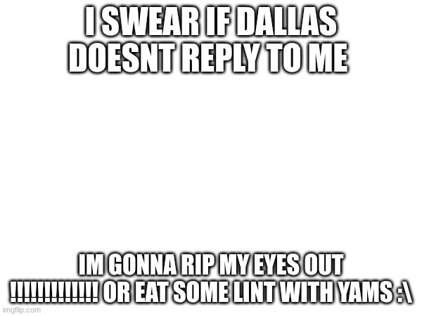 WHAT IS THIS FEELING??? JUST REPLY TO MEEEEE- | I SWEAR IF DALLAS DOESNT REPLY TO ME; IM GONNA RIP MY EYES OUT !!!!!!!!!!!!! OR EAT SOME LINT WITH YAMS :\ | image tagged in sobs | made w/ Imgflip meme maker