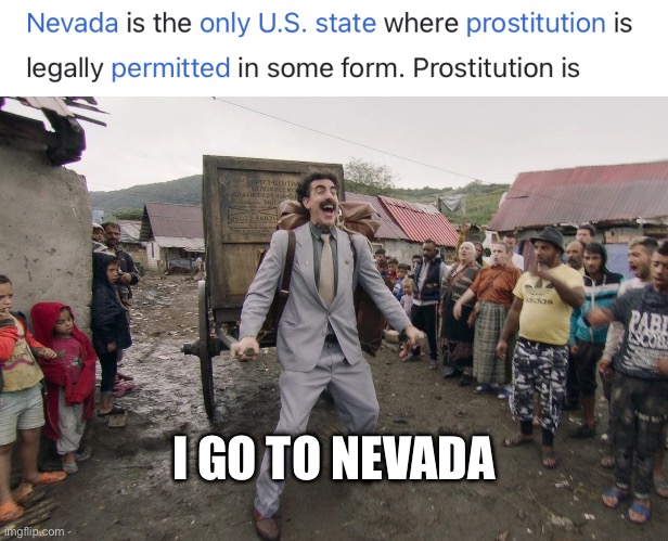 What isn’t legal in nevada | I GO TO NEVADA | image tagged in borat i go to america,legal,prostitution,nevada | made w/ Imgflip meme maker