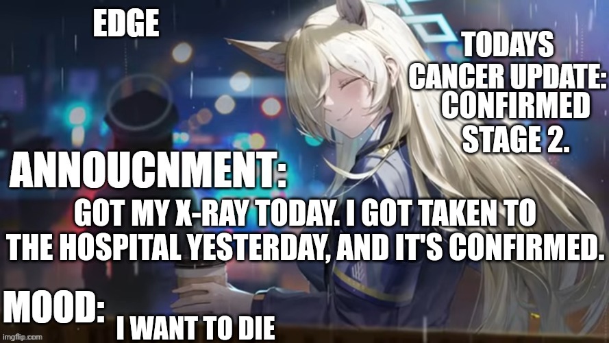 Edge MSMG cancer update temp | CONFIRMED STAGE 2. GOT MY X-RAY TODAY. I GOT TAKEN TO THE HOSPITAL YESTERDAY, AND IT'S CONFIRMED. I WANT TO DIE | image tagged in edge msmg cancer update temp | made w/ Imgflip meme maker