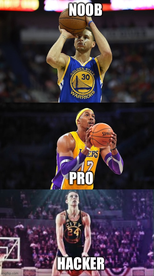 Free throw | NOOB; PRO; HACKER | image tagged in dwight howard,stephen curry,rick barry,free throw | made w/ Imgflip meme maker