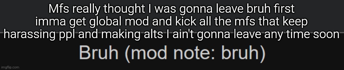 mod note :Bruh | Mfs really thought I was gonna leave bruh first imma get global mod and kick all the mfs that keep harassing ppl and making alts I ain't gonna leave any time soon | image tagged in mod note bruh | made w/ Imgflip meme maker